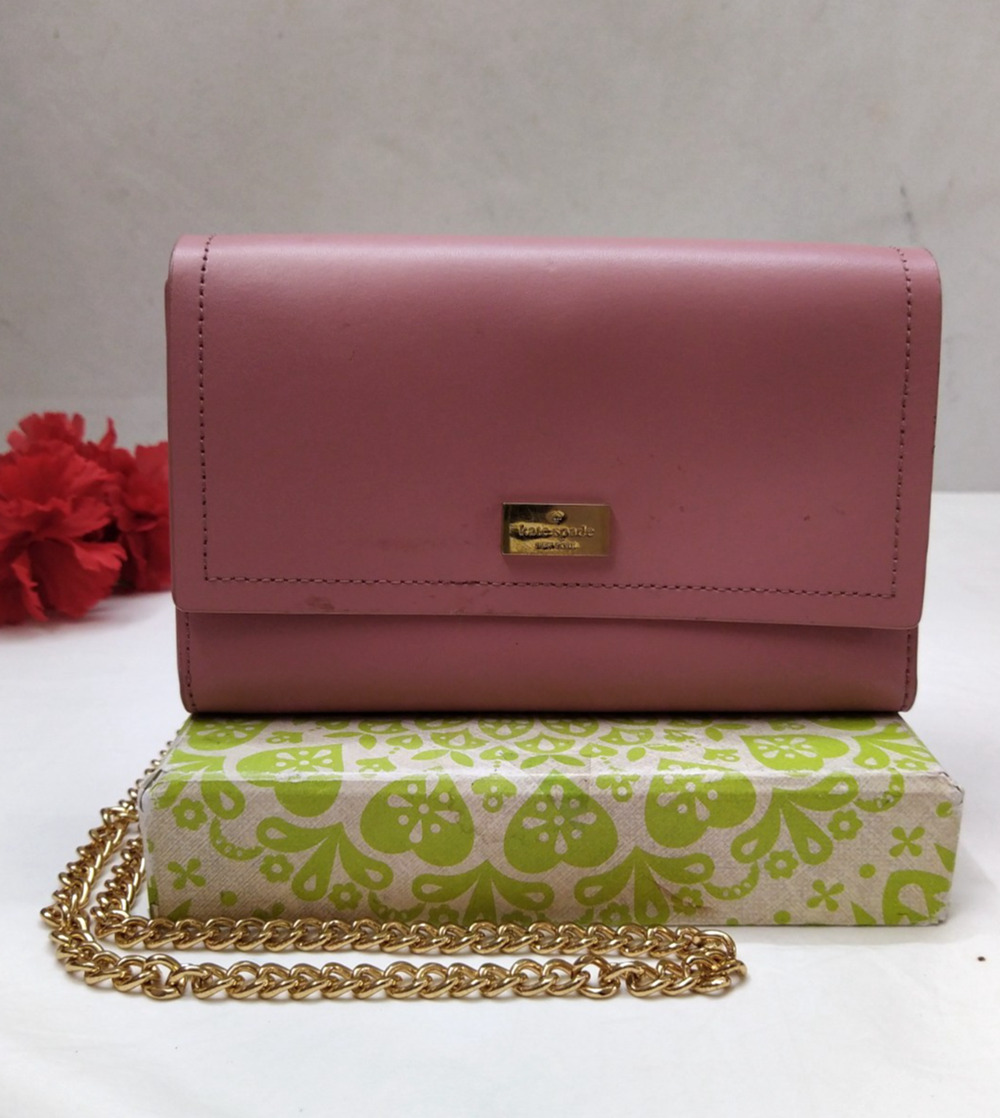 Kate Spade New York Pink Leather Chain Strap Credit Card Crossbody Bag
